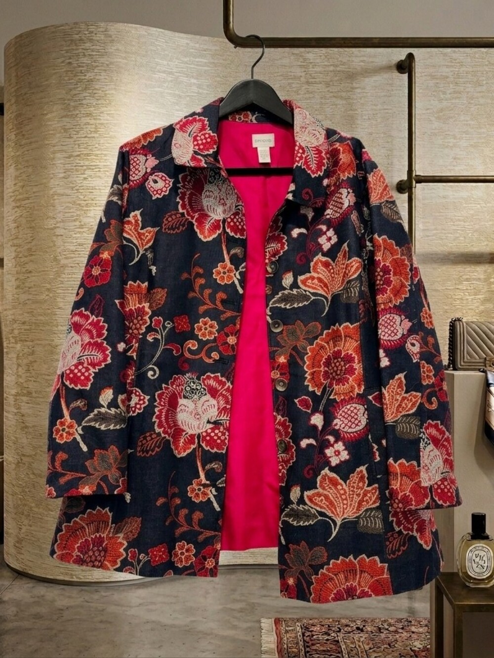 Chicos Size 3 Navy Overcoat with Orange & Red Floral Jacquard Style Fall XL 16